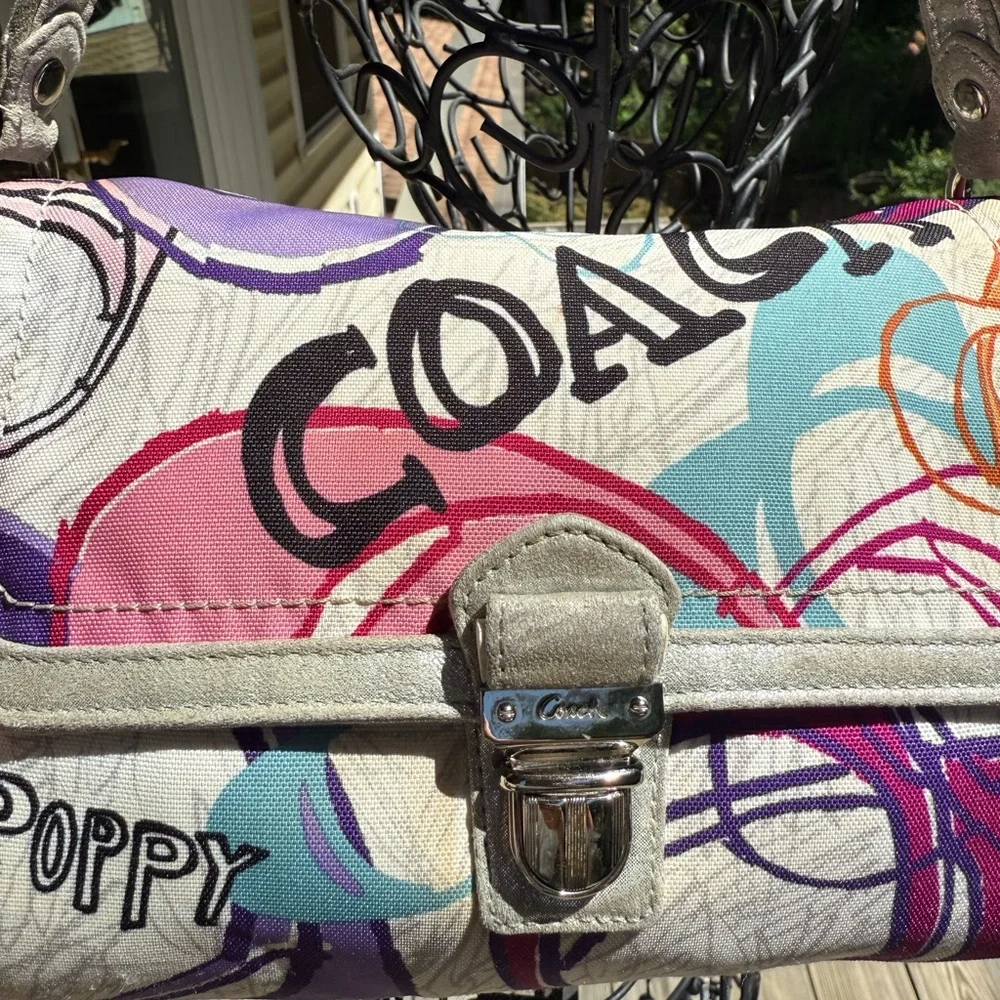 Coach Poppy Graffiti Glam Canvas Shoulder Bag Multi Color Metallic Silver‎ Trim